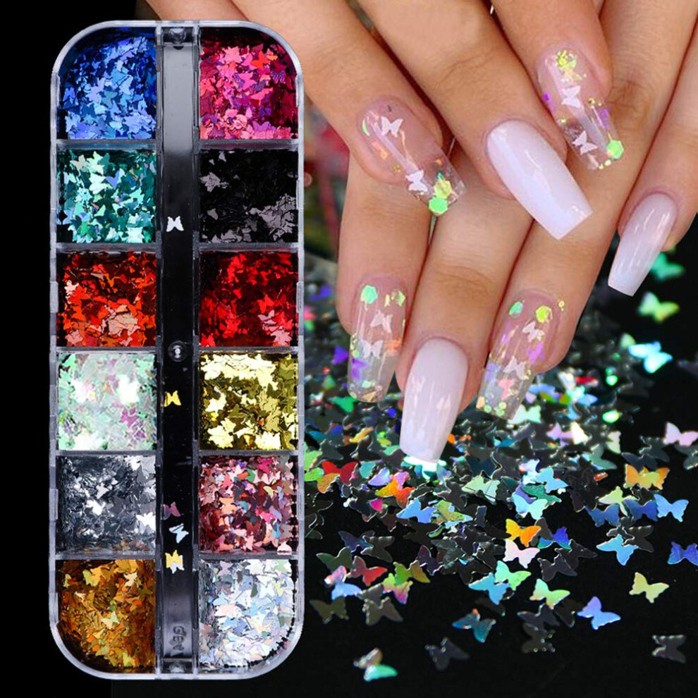 Qdsuh 12 Colors Butterfly Glitter Nail Sequins - 3D Nail Art Flakes Colorful Confetti Glitter Sticker Decals Manicure Nail Art Design Makeup Diy Decoration