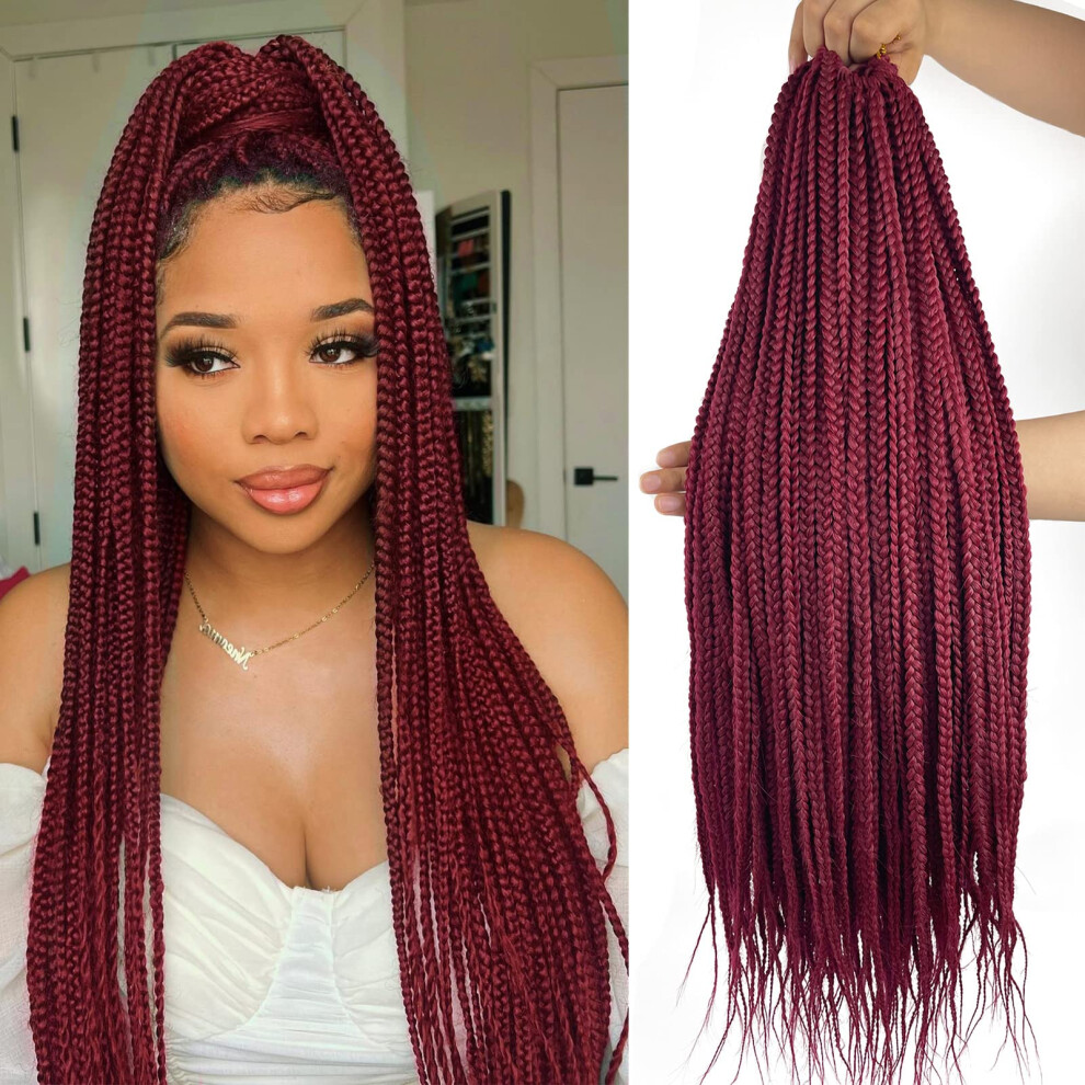 Chicmoi Unisex Black,Red 24 Inch Box Braid Crochet Hair 144 Strands Crochet Box Braids Pre Looped Box Braids Crochet Braids Burgundy Box Braids Crochet Hair For Black Women Gi