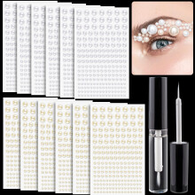 2364 Pcs of Pearl Stickers 3/4/5/6/8mm White+Beige Pearls Self Adhesive Face Gems Stick on Body Crystal Beads with Quick Dry Makeup Glue for Fac