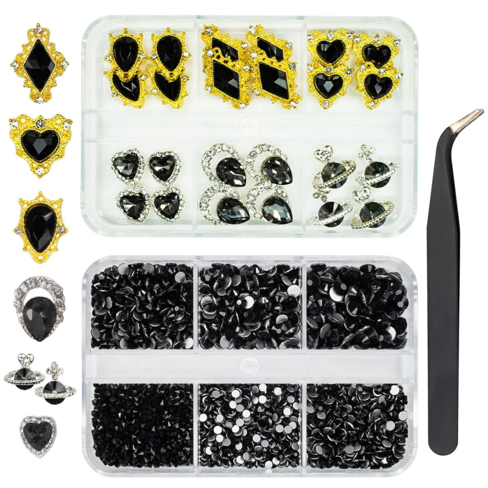 Qiipii Black 24Pcs Luxury Nail Charms +2000Pcs Jet Rhinestones 3D Big Nail Gems K9 Glass Nail Crystals Diamonds Jewelry Stones Alloy Nail Art Studs Dec