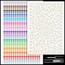 1225 Stuks Rhinestone en Parels Stickers 3-6mm Beige Parels+Kleurrijke Zelfklevende Gezichtsstenen