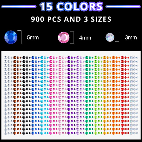 900 Pcs de Calcomanías de Rhinestone en 3/4/5mm Gemas de Cara Autoadhesivas 2