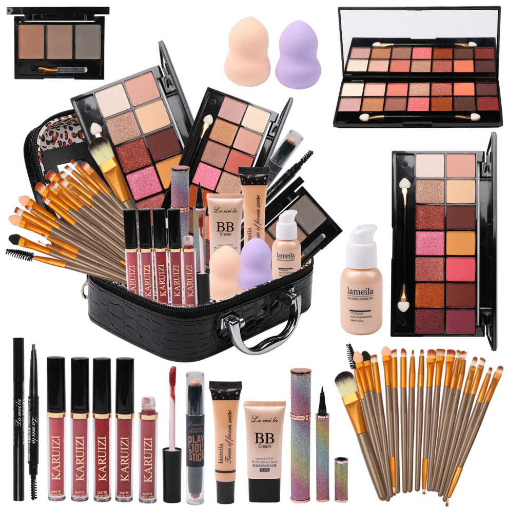 All in One Makeup Kit Full Kit Multipurpose Essential with Eyeshadow Palette Lip Gloss Foundation Mascara Eyebrow Pencil Eyeliner Contour Stick Makeup