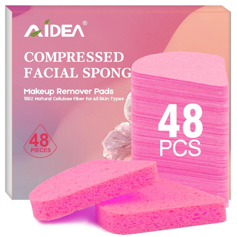 Aidea Pink 48Count Compressed Facial Sponges, Disposable Face Sponges, Natural Cellulose Cosmetic Spa Sponges For Facial Cleansing, Exfoliating, Makeu