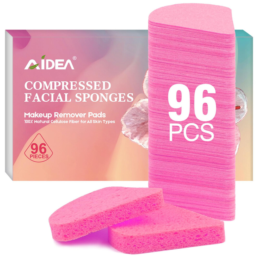 Aidea Pink 96Count Compressed Facial Sponges, Disposable Face Sponges, Natural Cellulose Cosmetic Spa Sponges For Facial Cleansing, Exfoliating, Makeu