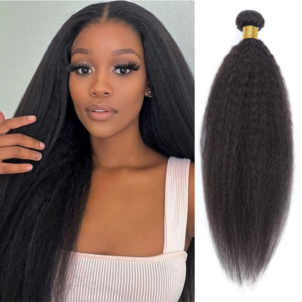 Huarisi Unisex Black 9A Kinky Straight Hair 1 Bundles Yaki Human Hair Weave 100% Unprocessed Brazilian Virgin Remy Sew In Hair Extensions For Women Natural 20