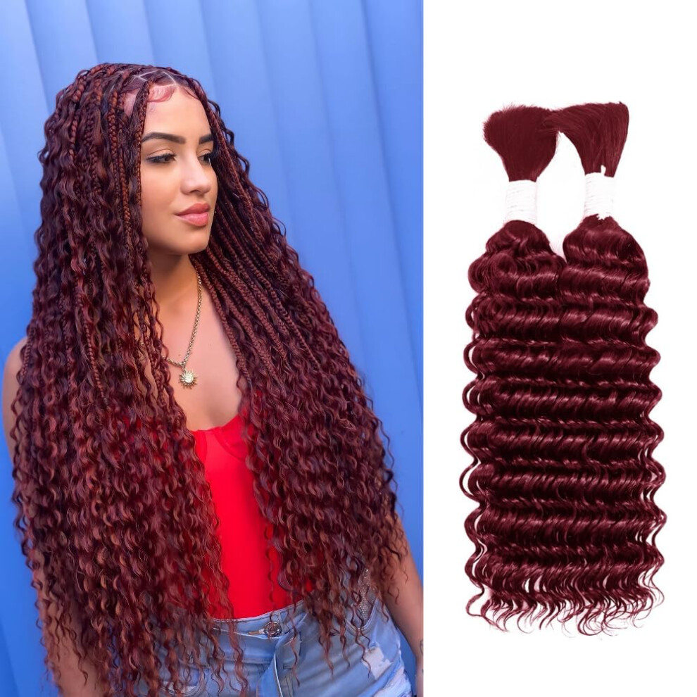 Nerumo Unisex 99J Deep Wave Human Braiding Hair 24Inch 2 Bundles 100G Bulk Human Hair For Braiding No Weft Human Braiding Hair For Boho Braids Wet And Wavy 100% Bra