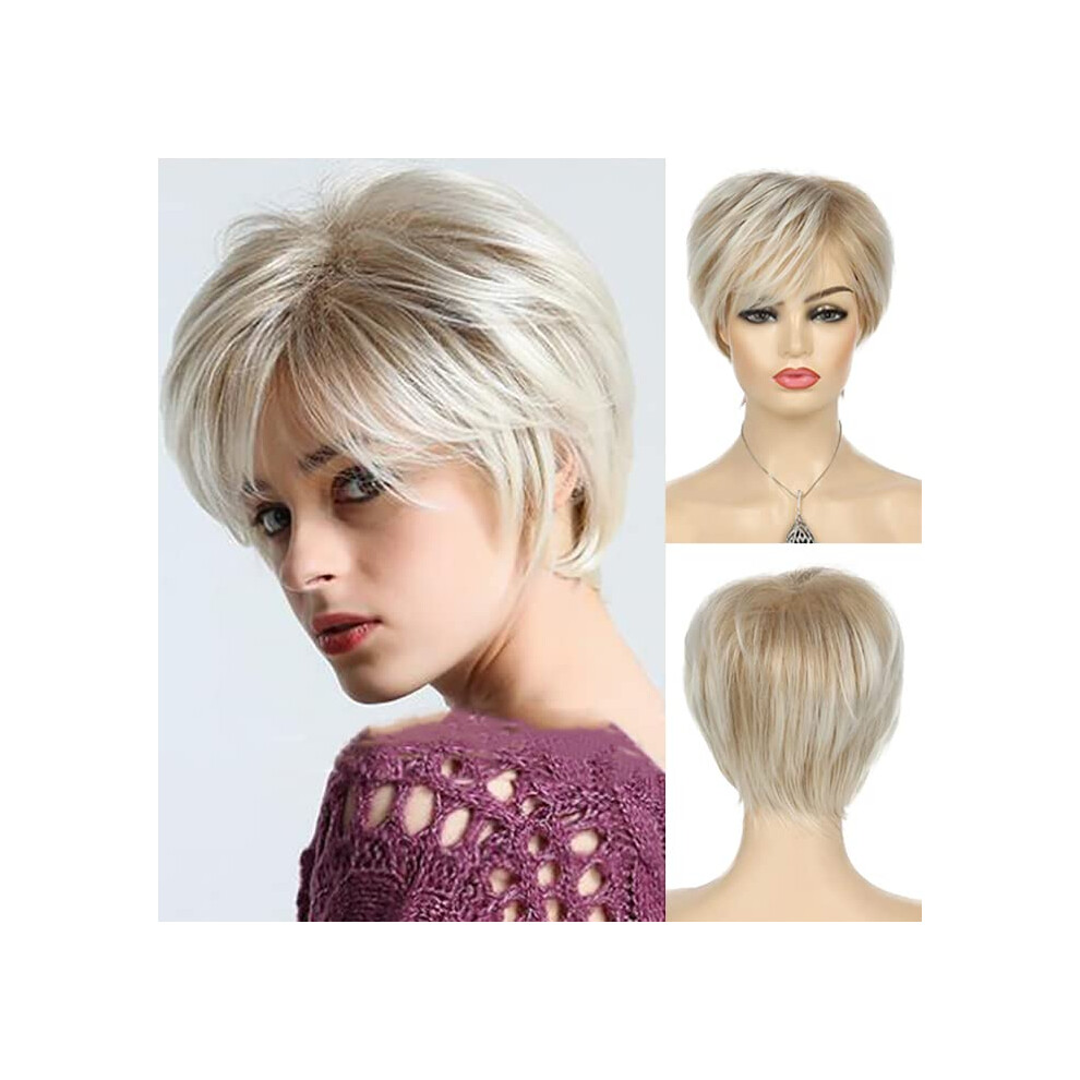 Baruisi Unisex Short Blonde Pixie Wig For Women Layered Natural Synthetic Wig With Bangs Heat Resistant Replacement Cosplay Wig