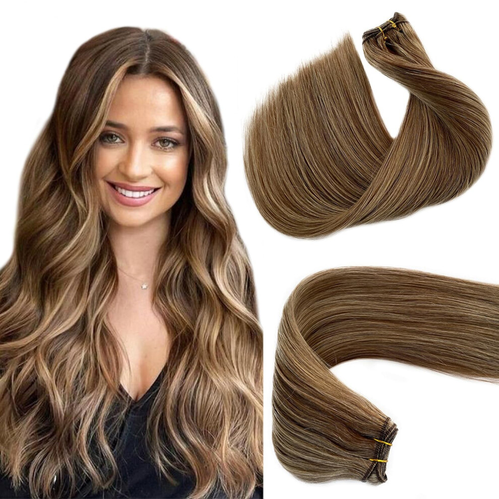 Benafee Balayage Real Human Hair Double Weft Sew In Hair Bundles - Brown To Beige Blonde Hand Tied Weft Hair Extensions - 12 Inch