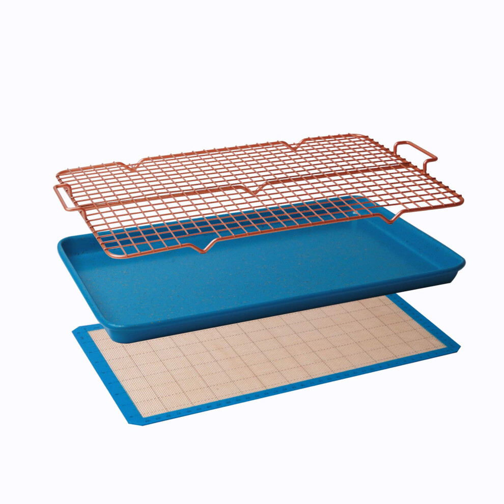 CasaWare 3pc Ultimate Commercial Weight 15 x 10 x 1-inch Cookie Sheet/Cooling Grid/Silicone Mat Bakeware Set (Blue Granite)