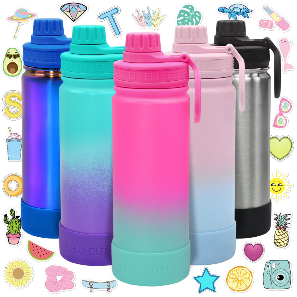 CHILLOUT LIFE 17 oz Kids Insulated Water Bottle for School with Leakproof Spout Lid and Cute Waterproof Stickers Personalized Stainless Steel Thermos