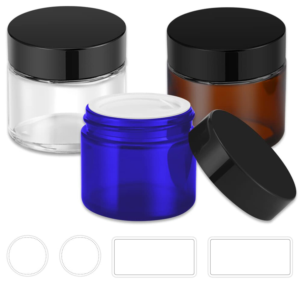 Bumobum 2 Oz Glazen Potten Met Deksels 3-Pack Kleine Potten Met Witte Etiketten En Binnenvoeringen Multicolor 60 Ml Lege Ronde Cosmetische Contai-image