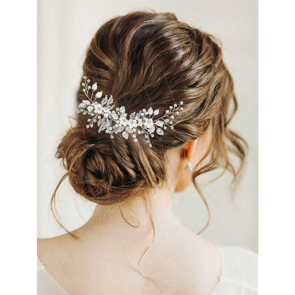Kattey Unisex White,Silver Catery Flower Bridal Hair Vine Silver Crystal Pearl Bride Wedding Headpieces Leaf Hair Accessories For Women And Girls