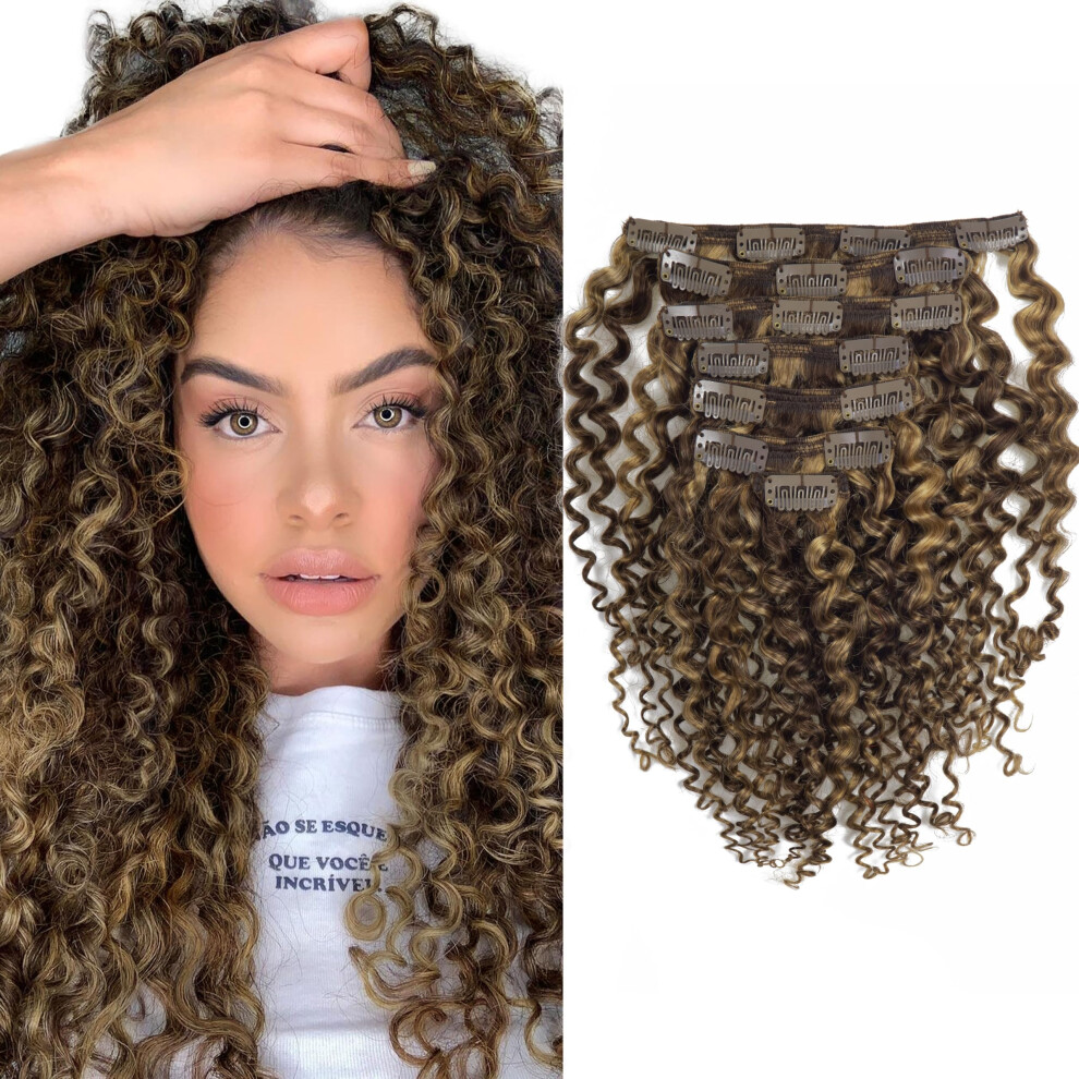 Caliee Unisex Brown Two Tone Color 14Inch Jerry Curly Clip In Hair Extension Human Hair #4 Dark Color With #27 Strawberry Blonde Color 3B 3C Curly Double Wef
