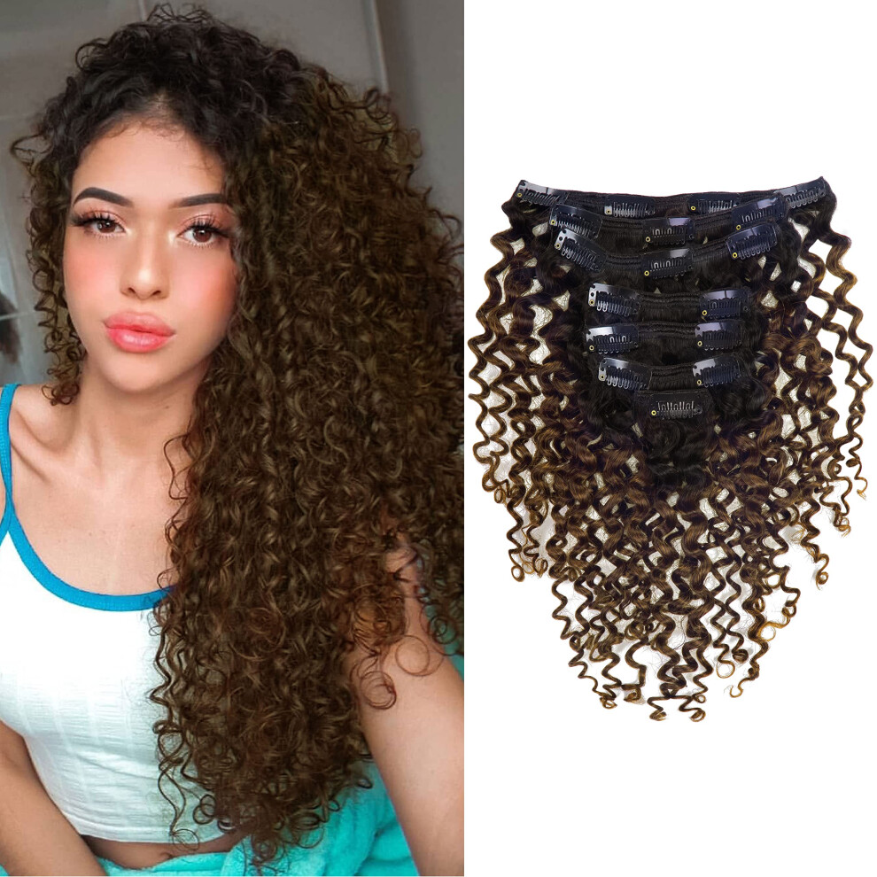 Caliee Unisex Black,Brown 3B 3C Curly Clip In Hair Extensions Jerry Curly 18Inch Ombre Natural Black Into Dark Brown Human Hair Brazilian Real Remy Clip Ins Hair Extensi