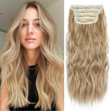 Blonde Hair Extensions Clip ins 4Pcs Curly Clip in Hair Extensions 20 Inches Synthetic Hair Extensions Clip in Human Hair (Color:Ombre Ash Brown to