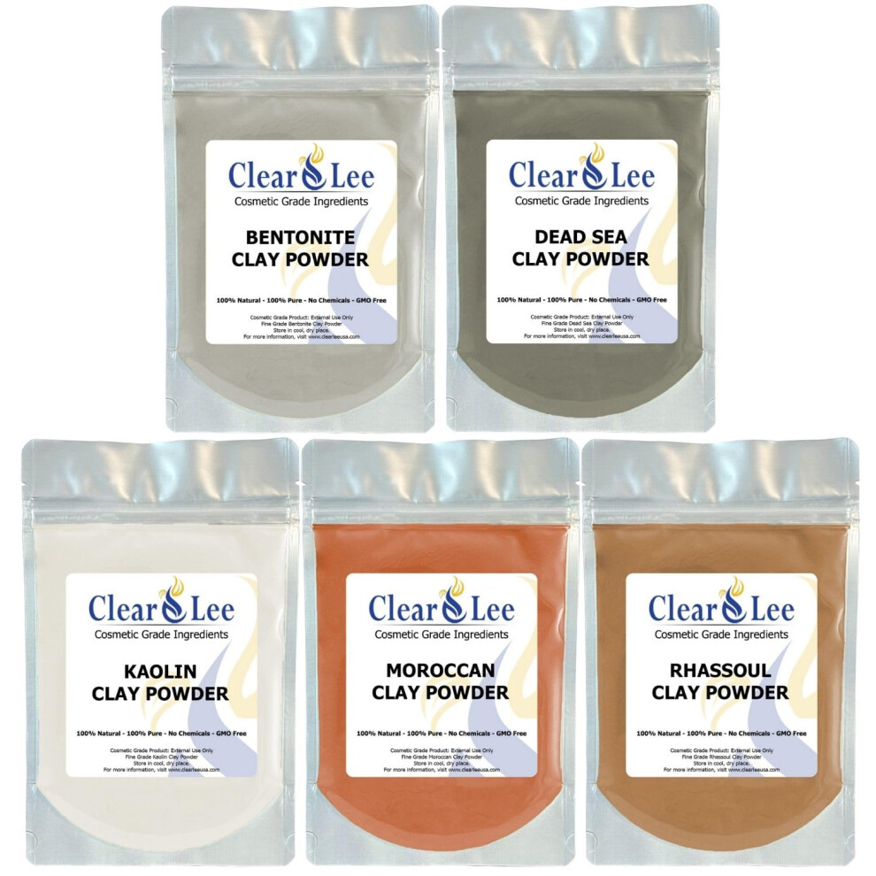 Clearlee Cosmetic Grade Clay Powders Variety Pack - Kaolin Bentonite Dead Sea Moroccan Rhassoul Clay - 5 Pack - 100% Pure Natural Powder - Great F