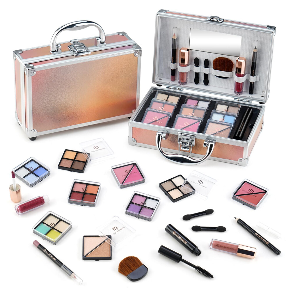 Color Nymph Beginner Makeup Kits For Teens With Train Case Included Full Makeup Kit Eyeshadow Palette Blushes Bronzer Highlighter Lipstick Brushes Mir