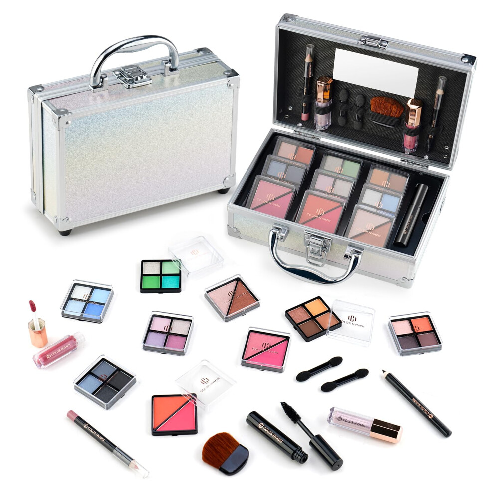 Color Nymph Beginner Makeup Kits For Teens With Train Case Included Full Makeup Kit Eyeshadow Palette Blushes Bronzer Highlighter Lipstick Brushes Mir
