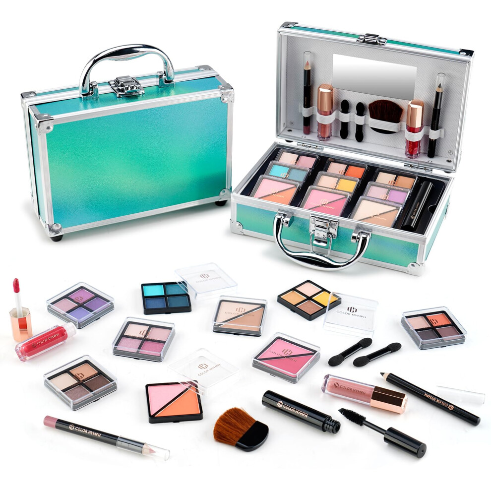 Color Nymph Beginner Makeup Kit For Teens With The Small Cosmetic Train Case Included 24-Colors Eyeshadow Palette Blushes Bronzer Highlighter Lipstick