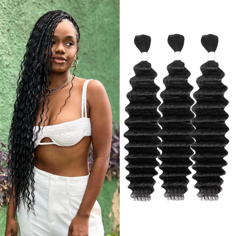 Nerumo Unisex Deep Wave Human Braiding Hair 24Inch 3 Bundles 150G Bulk Human Hair For Braiding No Weft Human Braiding Hair For Boho Braids Wet And Wavy 100% Brazili