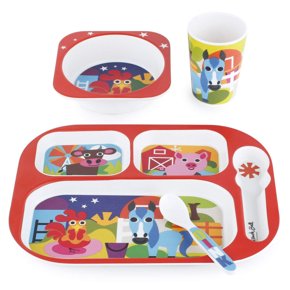 4Pc Toddler Kids Feeding Melamine Tableware Flatware Bpa Free Dishwasher Safe Durable Plate Cup Bowl Divided Tray Dinnerware Set Farm French Bull
