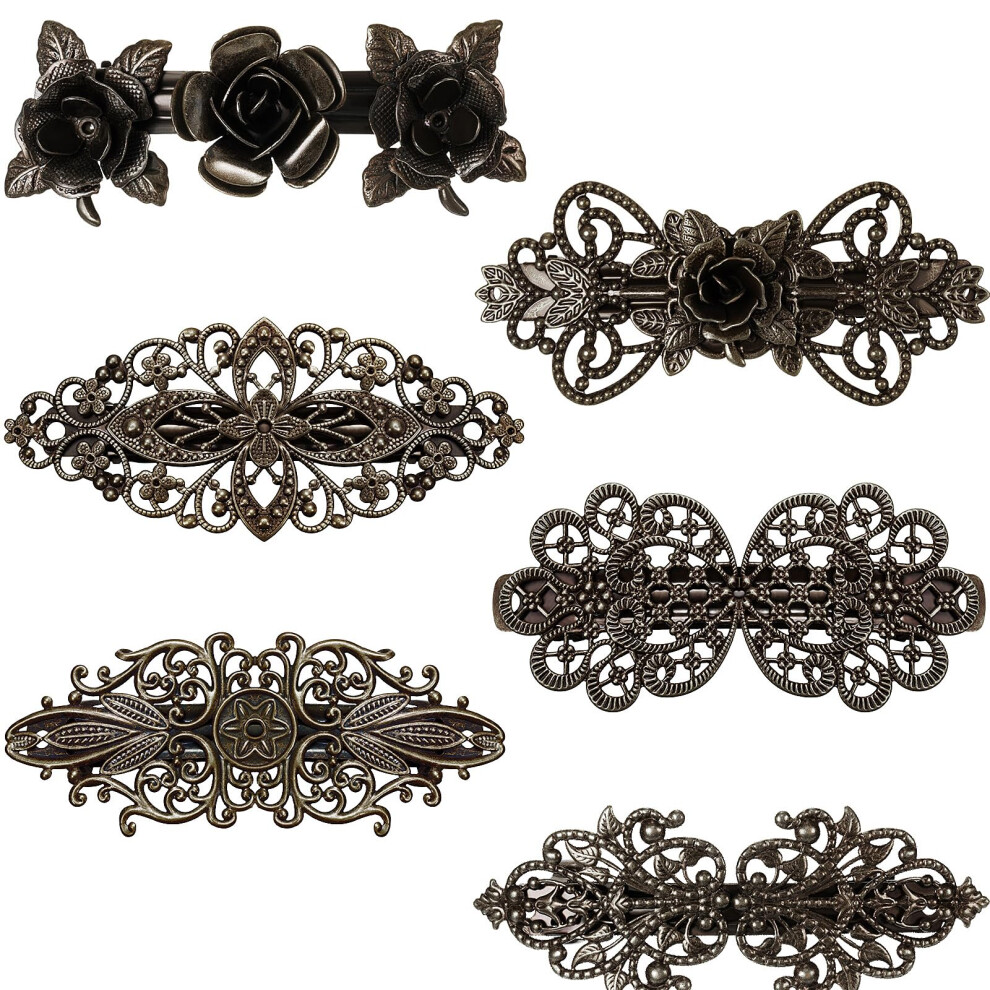 Geyoga 6 Pieces Vintage Hair Barrettes For Women Retro French Flower Clips Metal Bronze Hair Pins For Women Styling Accessories-image