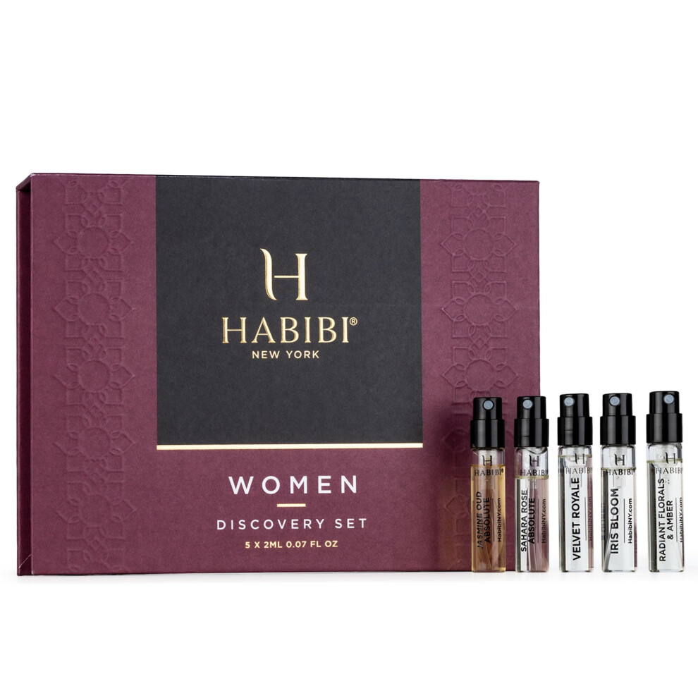 H Habibi Black Deluxe Women's Fragrances Discovery Sample Set - Luxury Mini Perfume Set For Women - Includes Iris Jasmine Oud & Rose Perfume Samples - 5 X