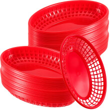 JEUIHAU 50 stuks 9 x 5,6 inch ovale fastfoodmanden rode plastic fastfoodmanden voor kip hamburgers friet sandwiches snacks brood fruit