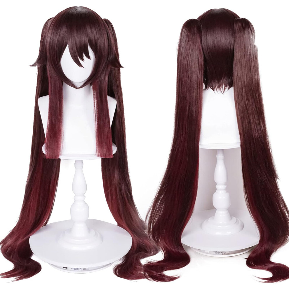 Halvdelen Og Halvdelen Unisex Brown Hu Tao Wig Long Hu Tao Cosplay Wigs + Elf Ears + Hairnet Women Girls Hutao Heat Synthetic Hair With Double Ponytails For Halloween Party Role P