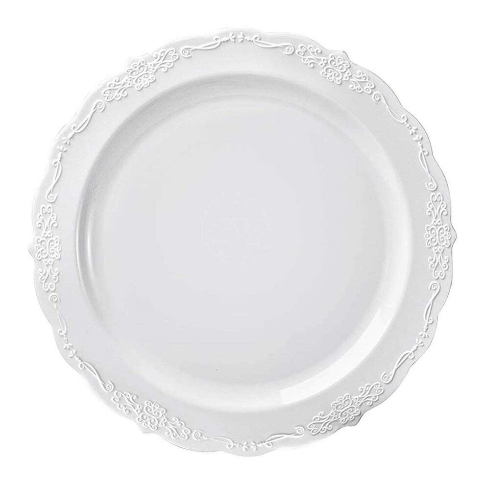 Kaya White Vintage Round Disposable Dinner Plates - 10"" (Packs of 10) Stylish Design Perfect For Any Occasion