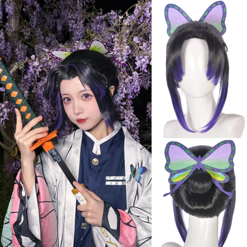 Joneting Unisex Black,Purple Black And Purple Wig+ (1 Wig Cap+1 Hair Wear) Kochou Shinobu Cosplay Wig Synthetic Purple Black Wigs For Coser Costume Short Wig For Hallowee