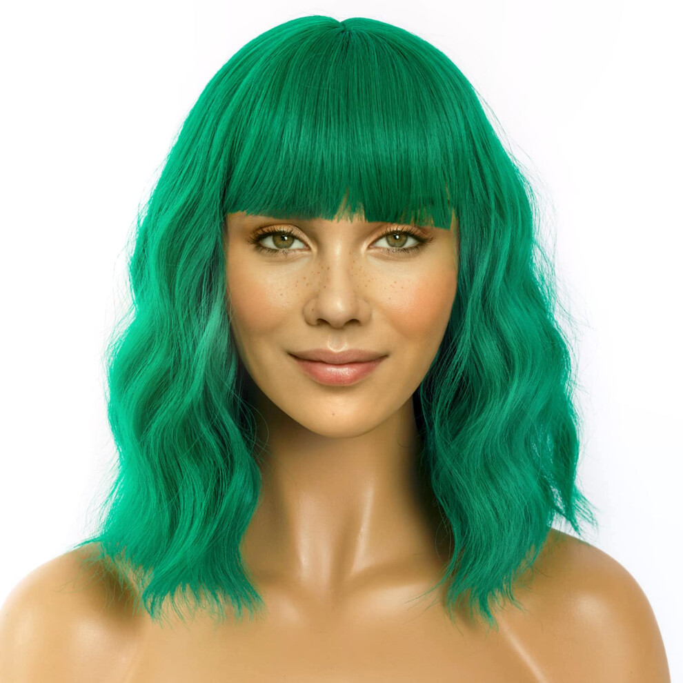 Lanice Unisex Green Wig For Women Short Bob Wigs With Bangs Natural Synthetic Wig Shoulder Length Colorful Wigs For Daily Partyuse(12Inch )
