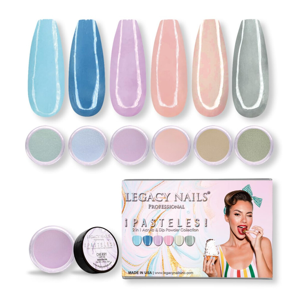 Legacy Nails Professional Collection Acrylic Powder Kit 6 Colors Nail Art Set For Manicure Diy For Dip & Acrylic Nail Extensions (Pasteles Collection)