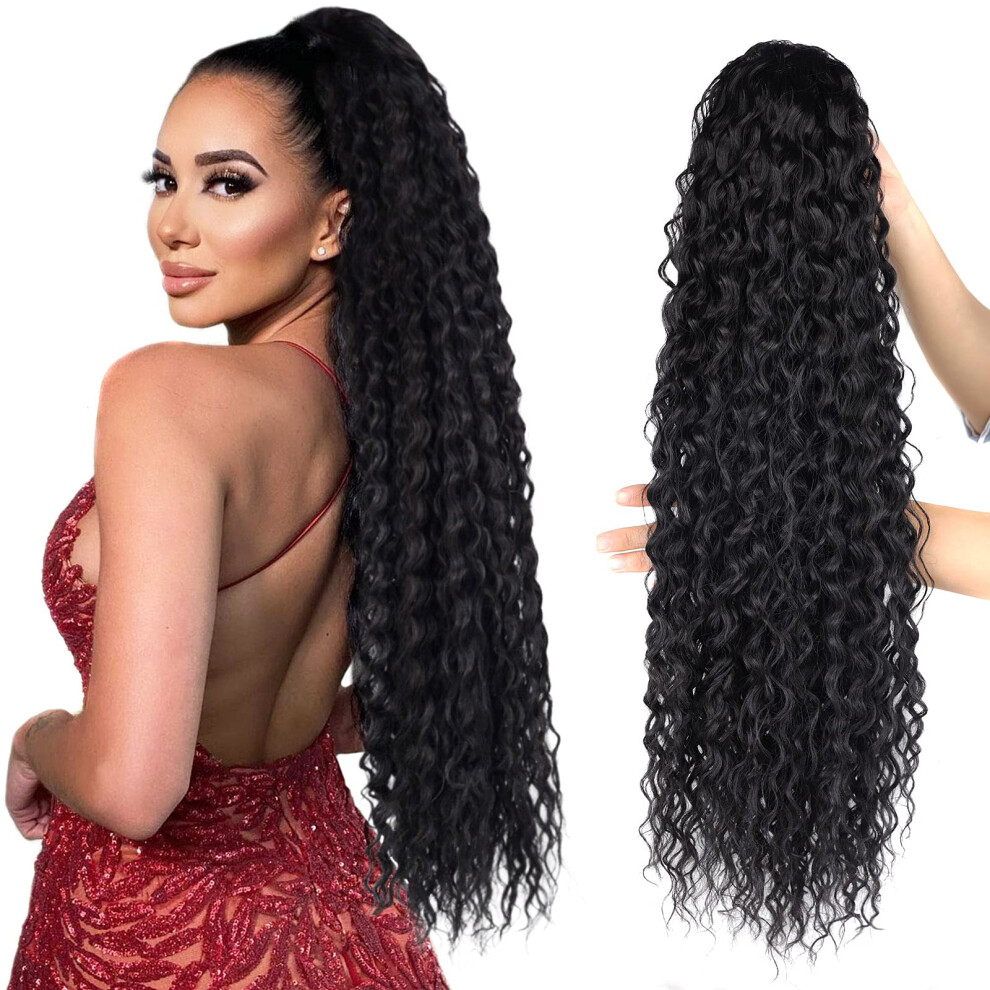 Modeikonhã¥R Unisex Black Long Curly Drawstring Ponytail Extension 24Inch Corn Wave Clip In Ponytail Extensions Synthetic Hairpiece For Women (1#)