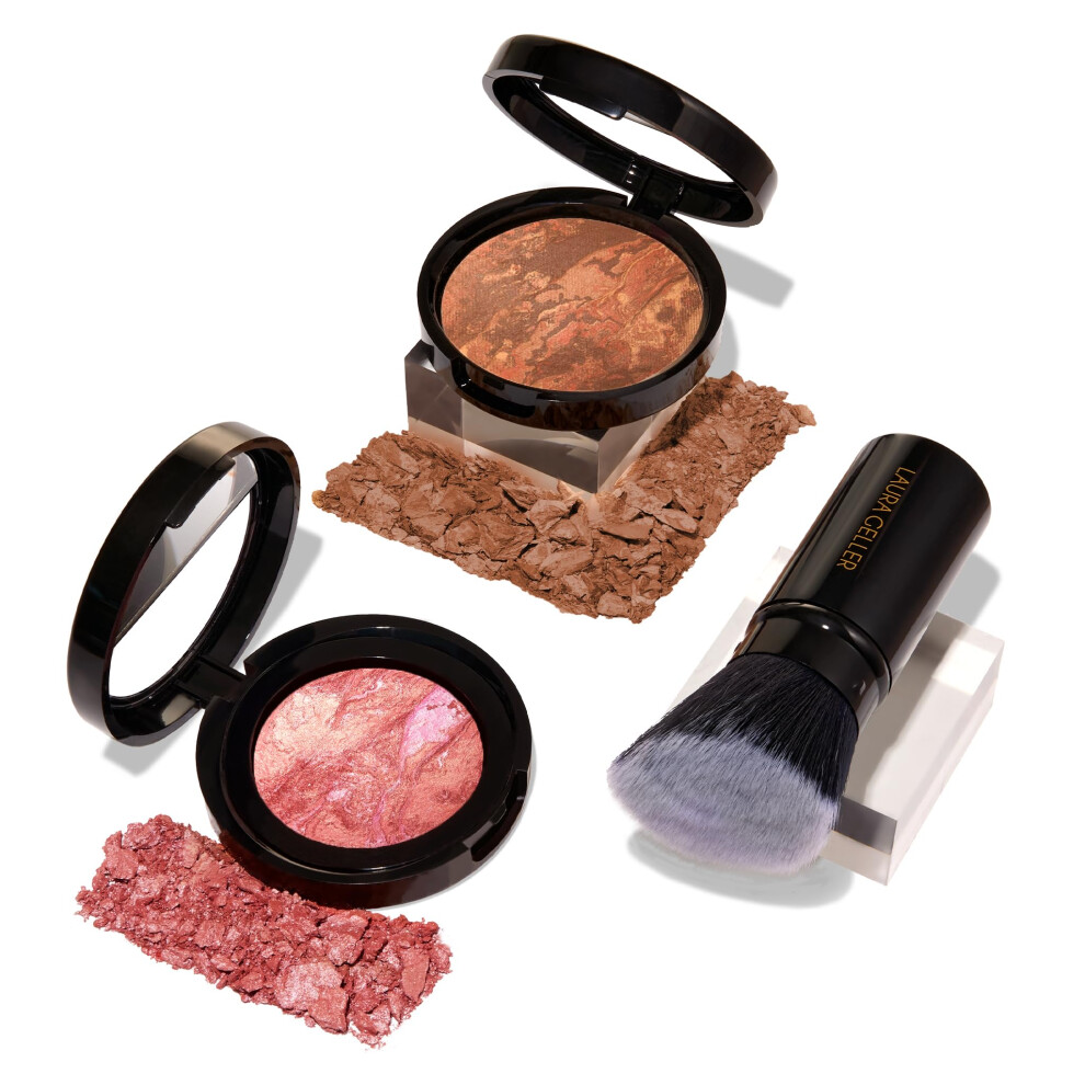 LAURA GELLER NEW YORK Blush-n-Balance 3pc Kit Baked Balance-N-Brighten Color Correcting Foundation  Deep + Retractable Kabuki Brush + Baked Blush-N-Br