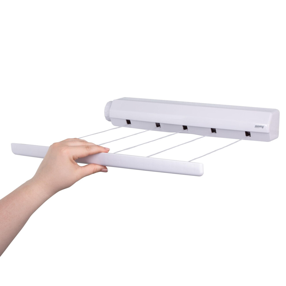 Minky Homecare 5 Line Retractable Indoor Clothesline - 5 x 14 Feet Wall Mounted Drying Rack Laundry Line - 72 Feet  White