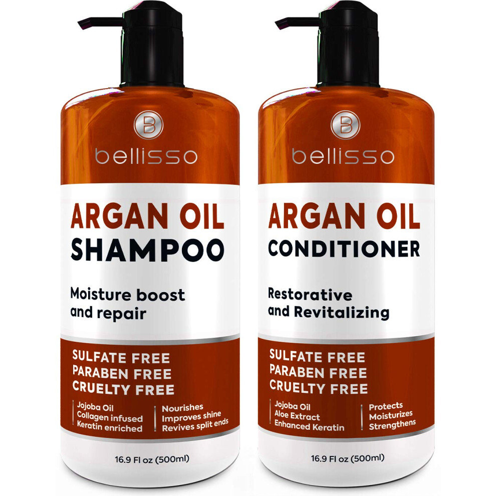Bellisso Moroccan Argan Oil Shampoo And Conditioner Set - Sulfate Free With No Parabens - Botanicals For Women And Men - Professional Moisturizing Anti Frizz