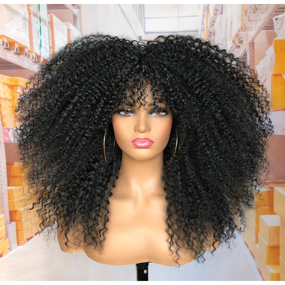 Muramura Hã¥R Unisex Black Muramura Hair 18Inch Long Curly Wig With Bangs For Women Afro Bomb Kinky Curly Wig Fluffy And Soft Synthetic Hair(Black)