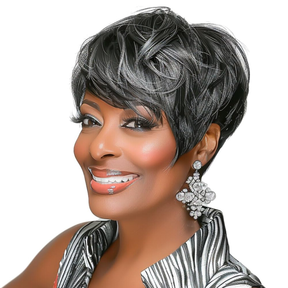 Moonshow Unisex Black,Grey Short Grey Wigs For Black Women Grey Pixie Cut Wig Synthetic Short Side Part Pixie Haircut Wigs With Bangs For Old Women Short Black Mixed G