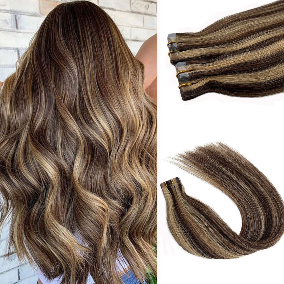 Munx Unisex Brown Tape In Hair Extensions Human Hair 20 Inches Highlights Silky Straight Remy Human Hair Seamless Skin Weft Hair Extensions Tape In Medium Br