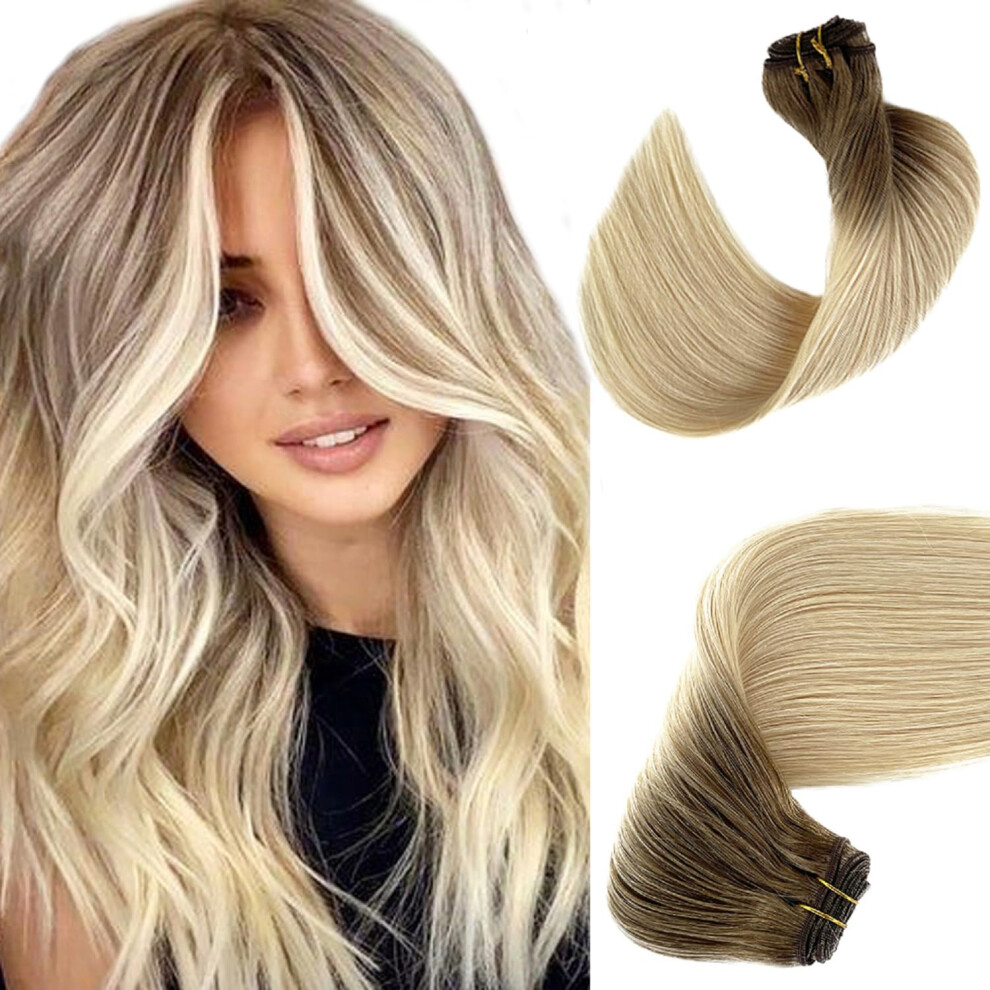 Benafee Unisex White,Brown Ombre Human Hair Bundles Ash Brown To White Blonde Sew In Weft Hair Extensions Human Hair 16 Inch 100G Seamless Human Hair Weft Extensions Sew In Huma