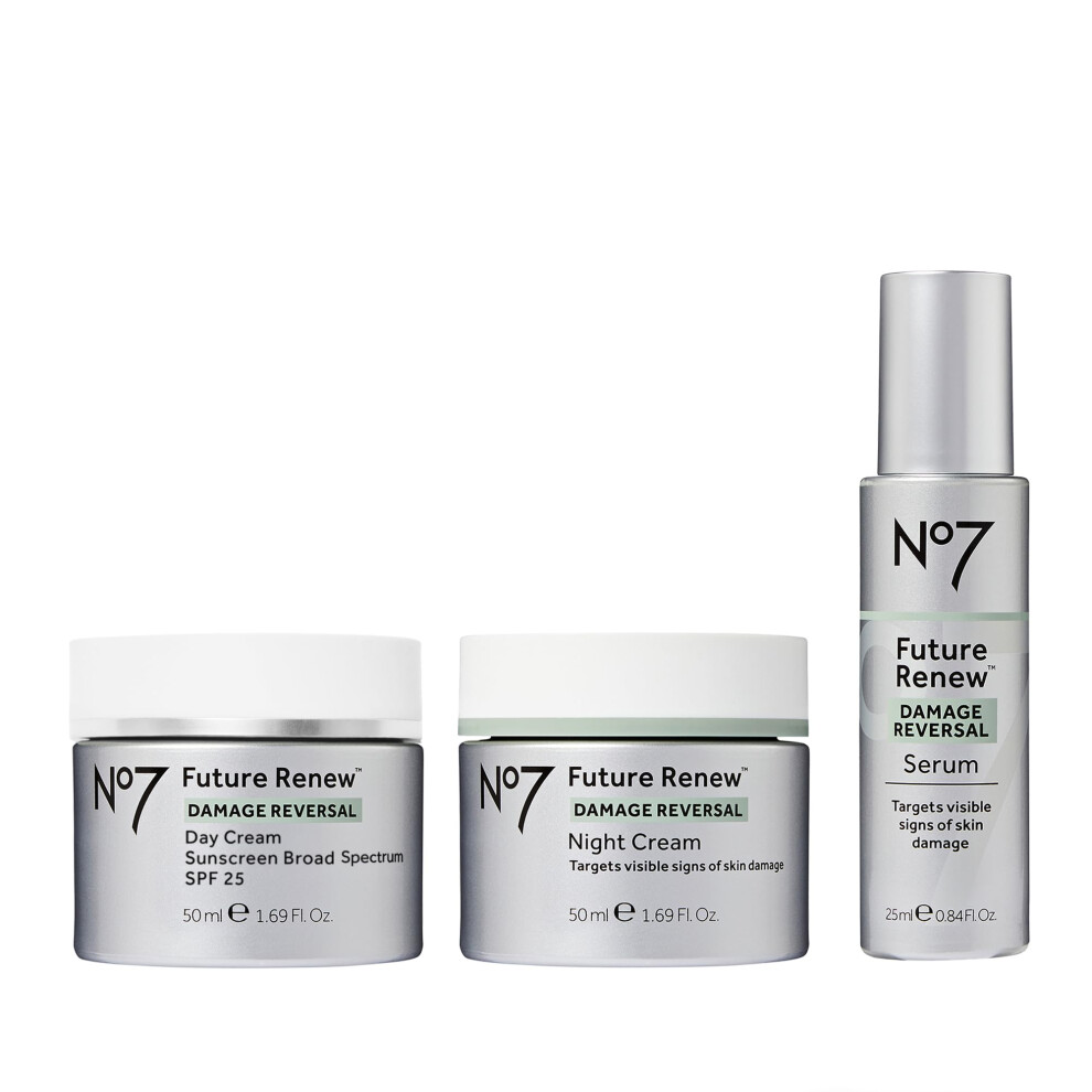 No7 Future Renew Damage Reversal Skincare Set - Anti Aging Face Serum (.33 Fl Oz)  Day Cream with SPF 25 (1.69 Fl Oz) & Night Cream (1.69 Fl Oz) - Rev