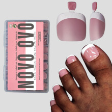 NOVO OVO Nepteennagel Tips Press On, Franse Tip Soft Gel Teennagel Verlenging, BESSENROZE Vierkante Rond Vooraf Toegepaste Primer & Base Coat