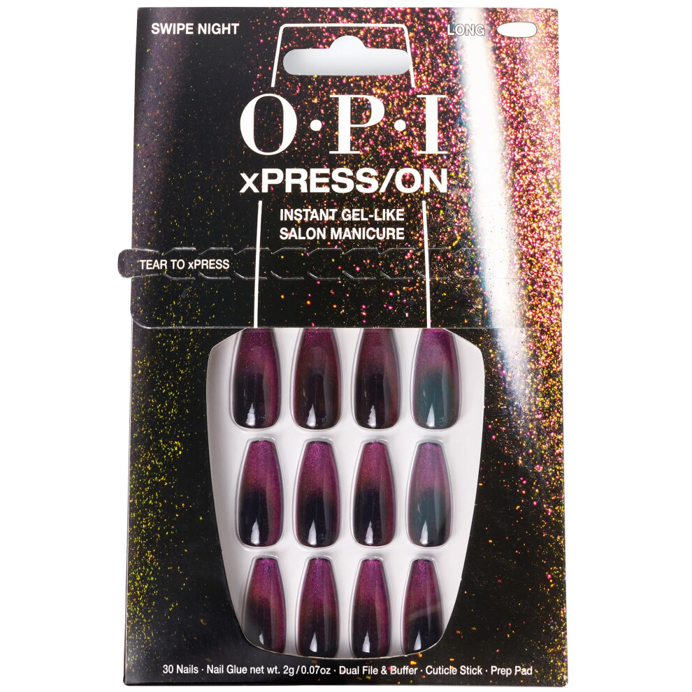 Opi Xpress/On Press On Nails Up To 14 Days Of Gel-Like Salon Manicure Vegan Sustainable Packaging With Nail Glue Long Black To Magenta Holographi