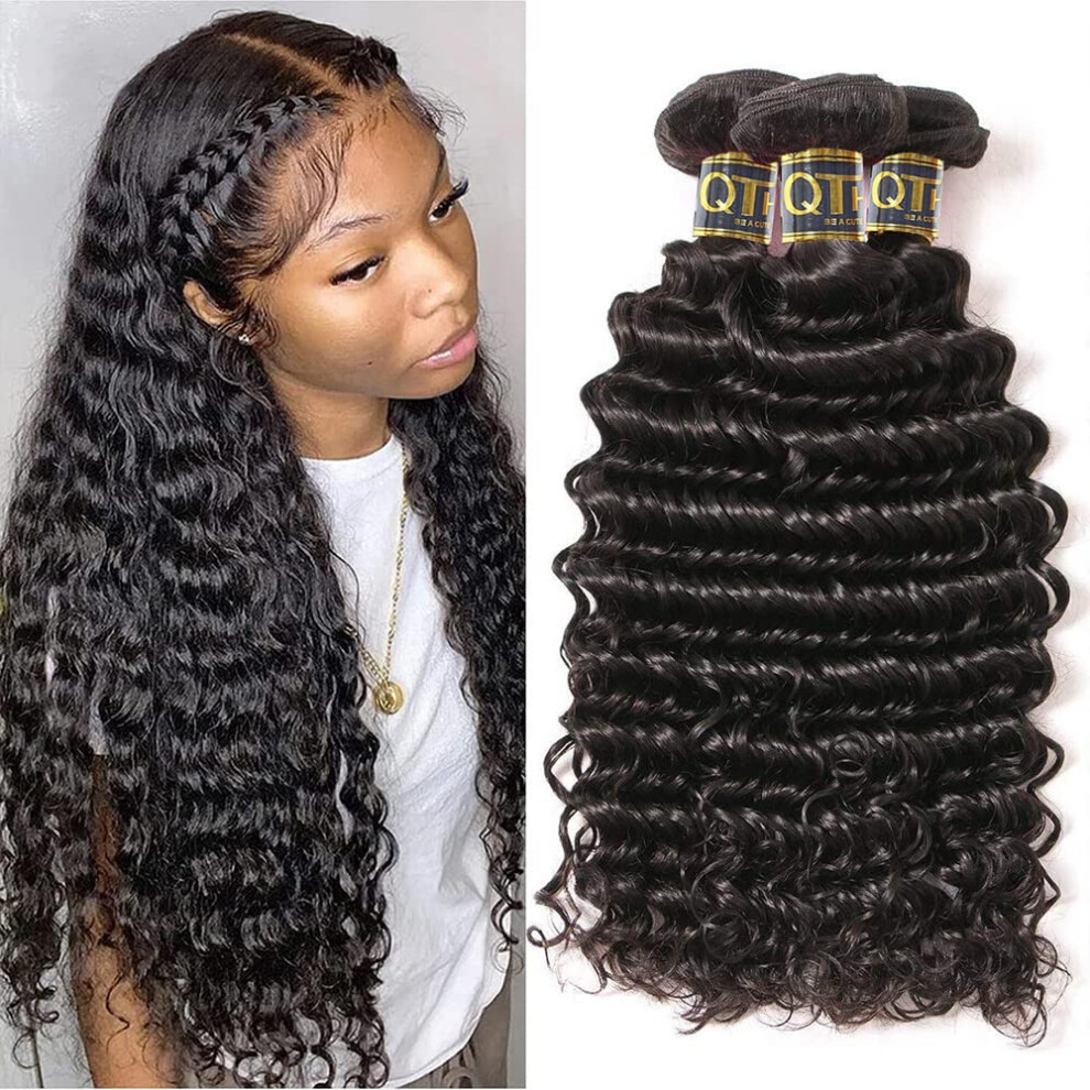 Qthair Brazilian Deep Wave Human Hair Bundles 14A Grade Brazilian Virgin Human Hair 10 1214 Inch 100% Virgin Unprocessed Deep Wave Bundles Human Hair