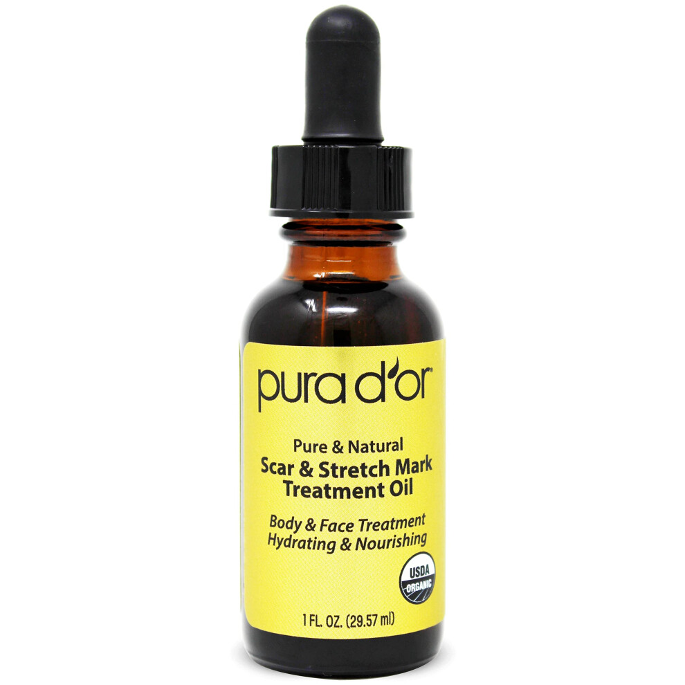 Pura D'or Lavender Organic Scar & Stretch Mark Treatment Oil (1Oz) For Skin - With Rosehip Wheat Germ Argan Tamanu Carrot Rosemary Geranium Pa