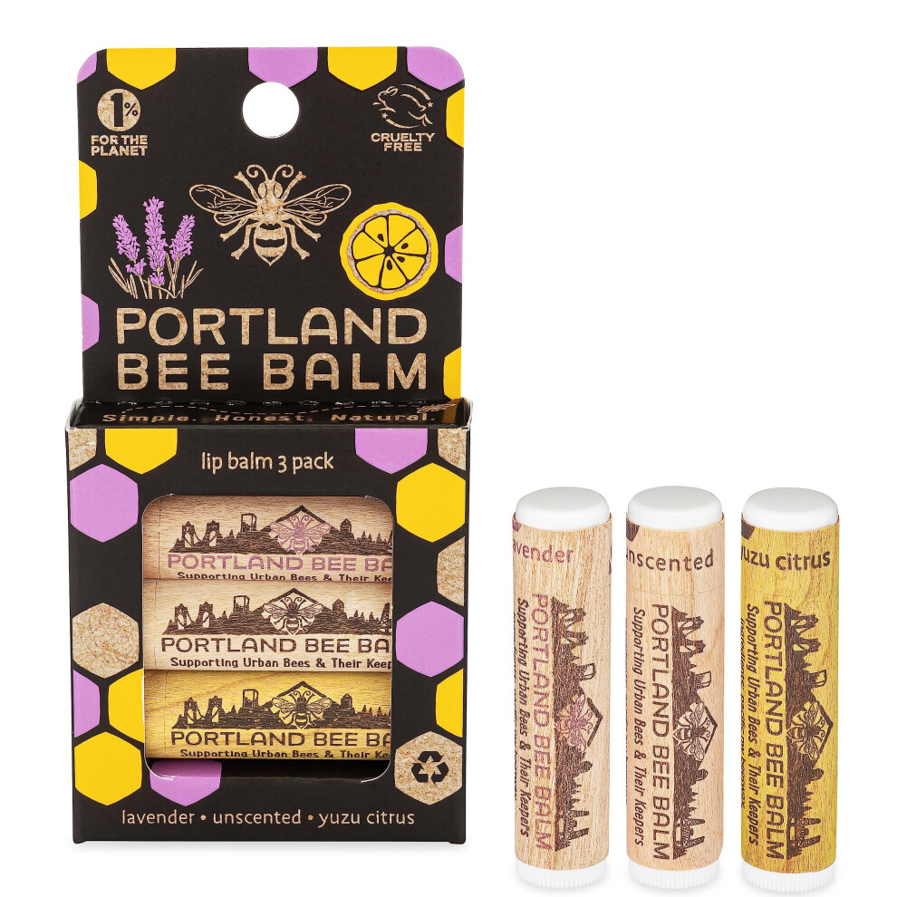 Portland Bee Balm All Natural Handmade Beeswax Based Lip Balm Unscented, Yuzu Citrus And Lavender Assortment 3 Count