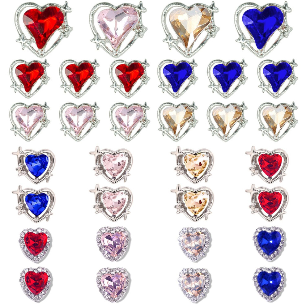 Qiipii 32 Pcs Heart Nail Charms For Nails Valentine's Day 3D Heart Nail Rhinestones Nail Gems 4 Color Love Crystals Diamonds Alloy Studs Nail Art Jewe