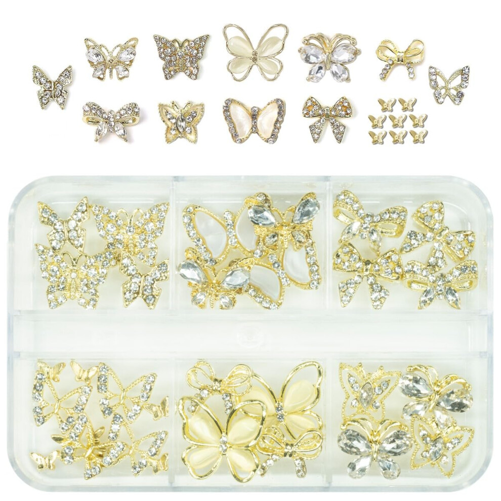 Qiipii Gold 32 Pcs Butterfly Nail Charms Butterflies Charms For Nails Bow Nail Crystals Diamonds Rhinestones 3D Alloy Luxury Nail Gems Cute Nail Art S